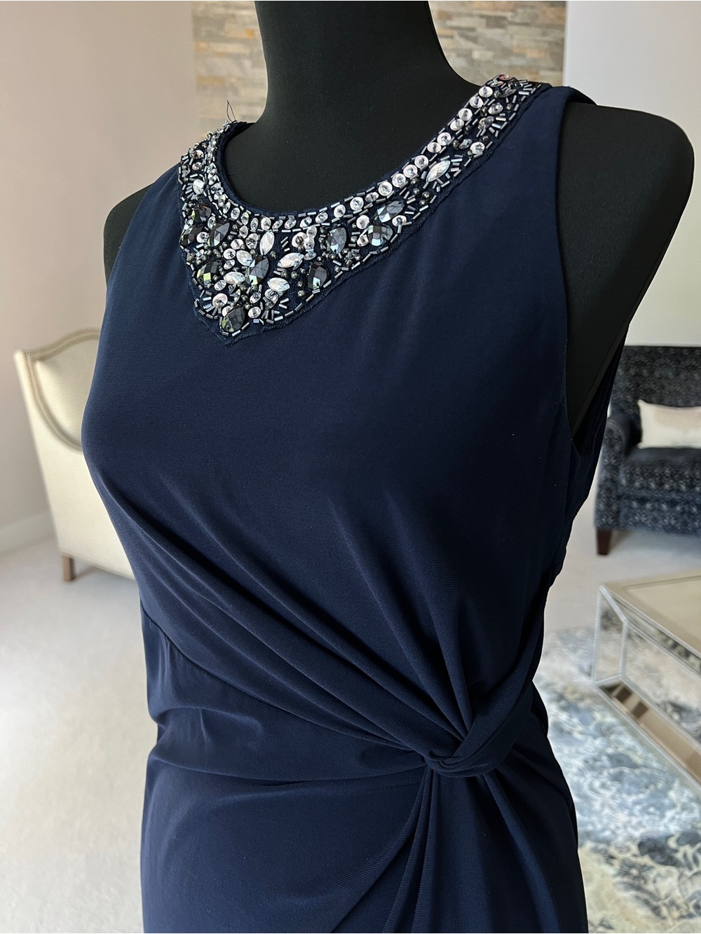 Beaded-Neck Navy Long-Sleeve Evening Dress